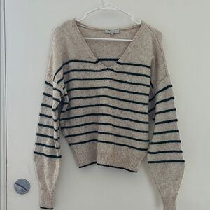Madewell Striped V-Neck Sweater - Cream and Black